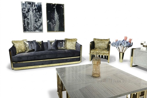 Luxus Einrichtung Wohnzimmer Möbel Sofa Set 3+1 Sitz Sofagarnitur Schwarz