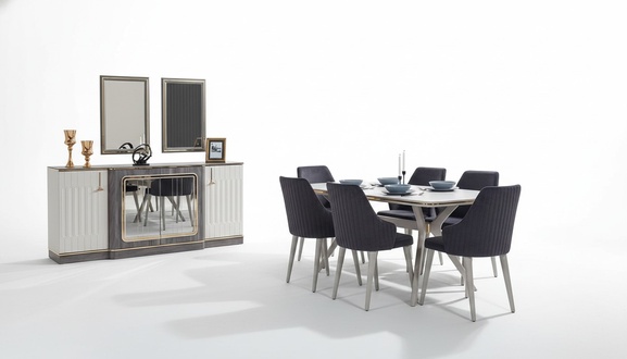 Luxus Esszimmer Set Esstisch + 6x Stühle + Sideboard mit 2x Spiegel Set