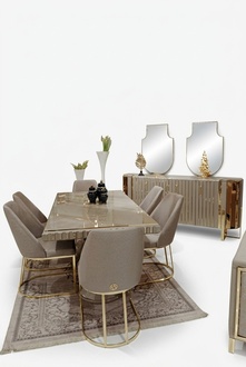 Luxus Esszimmer Set Esstisch + 6x Stühle + Anrichte mit 2x Spiegel Set