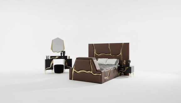 Luxus Schlafzimmer Set Bett Nachttisch Gold Schminktisch Nachttische 5tlg