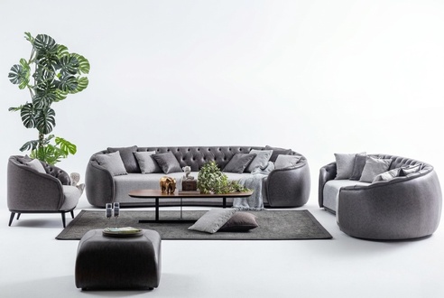Luxus Villen Möbel Graue Chesterfield Sofagarnitur Stoffcouchen Textil 4+3+1