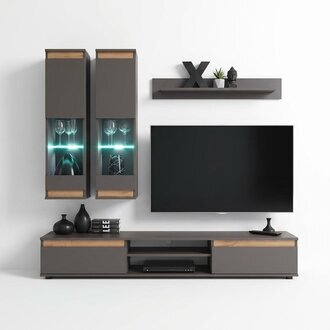 Luxus Wohnwand tv Ständer Holz Designer Wohnzimmer Grau Möbel Wandschrank