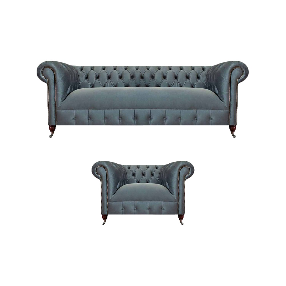 Hellgraue Polster Chesterfield Garnitur Wohnzimmer Dreisitzer Sessel