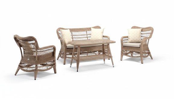 Moderne Beige Gartenmöbel Luxus Sofagarnitur Tisch Hocker Sessel Sitzgruppe