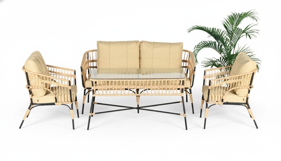 Moderne Beige Gartenmöbel Luxus Sofagarnitur Sofa 3 Sitzer Sessel Couchtisch Neu