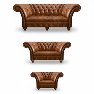 Moderne Chesterfield Ledersofas Designer Lehnsessel Zweisitzer 3tlg Set