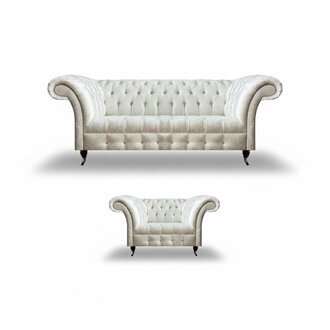 Moderne Chesterfield Weiße Stoffcouch Exklusiver Wohnzimmer Sessel 2tlg