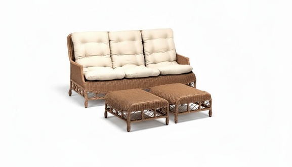Moderne Gartenmöbel Garnitur Exklusiver 3-Sitzer Sofa Luxuriöse 2x Hocker Braun