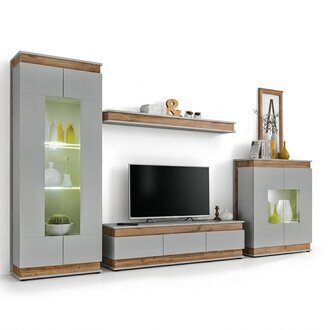 Garnitur 4 tlg Wohnwand Luxus Wohnzimmer Set Holz Regal Möbe Vitrine Neu