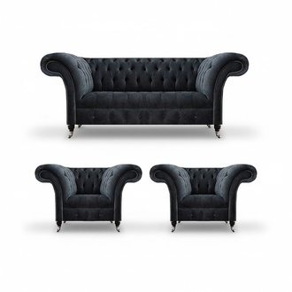 Moderne Sofas Set 3tlg Grau Chesterfield Luxuriöse Sofagarnitur Wohnzimmer
