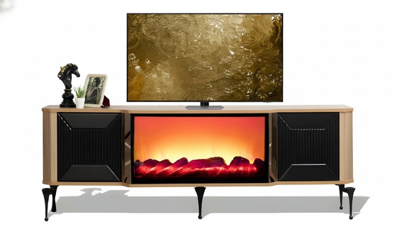 Moderner TV-Kaminunterschrank mit Push-Open-Türen und LED-Beleuchtung
