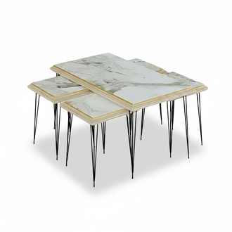 Moderner weißer Couchtisch mit Beistelltischen aus MDF und Edelstahl