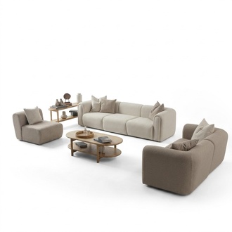 Moderner Wohnzimmer Set aus Textil und Holz in Beige