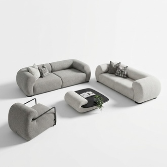 Moderner Wohnzimmer Set aus Textil in Grau mit Holzdetails