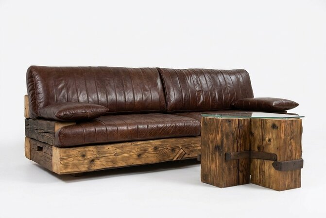 Natur Sofa Leder Holz Bank Sitz Polster Couch Dreisitzer Echte Handarbeit 3er