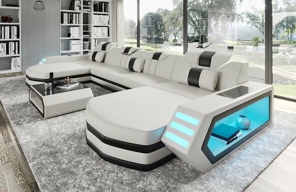 Ledersofa Designer Sofa Couch Wohnlandschaft U Form Beleuchtet