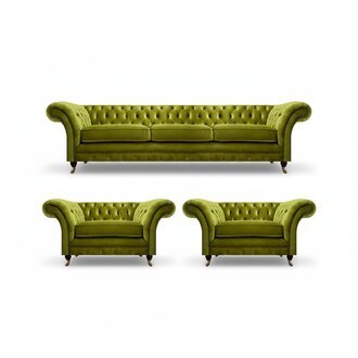 Olivengrüne Wohnzimmer Garnitur Chesterfield Polstercouch 2x Sessel 3tlg