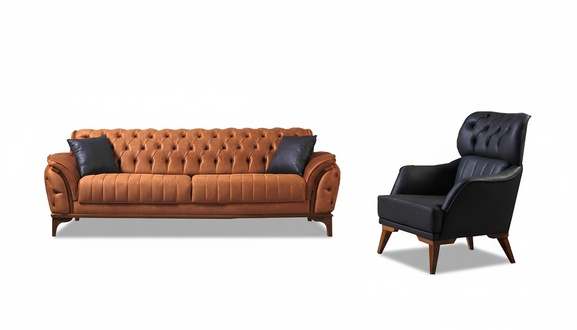 Orange-Schwarz Chesterfield Garnitur Luxuriöser Dreisitzer Sessel 2tlg