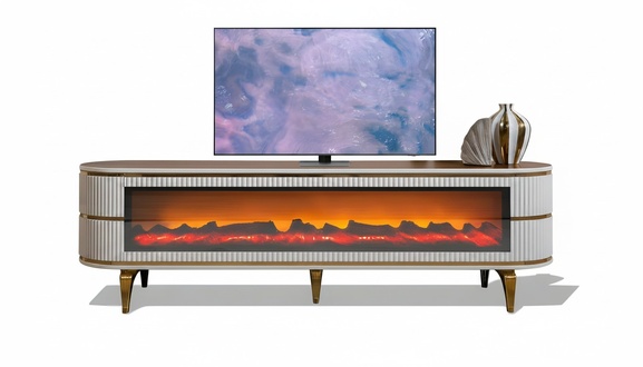 Ovaler TV-Lowboard mit Metallbeinen, beleuchtetem Kamin und Bluetooth
