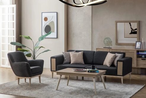 Grauer Wohnzimmer Set Luxus Dreisitzer Polster Sessel Textil Möbel