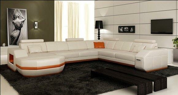 Ecksofa Sofa Couch Polster Leder Garnitur Wohnlandschaft Ecke Beige Wohn