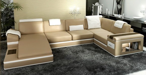 Ecksofa Beige Sofa Couch Polster Leder Garnitur Wohnlandschaft Ecke Wohn
