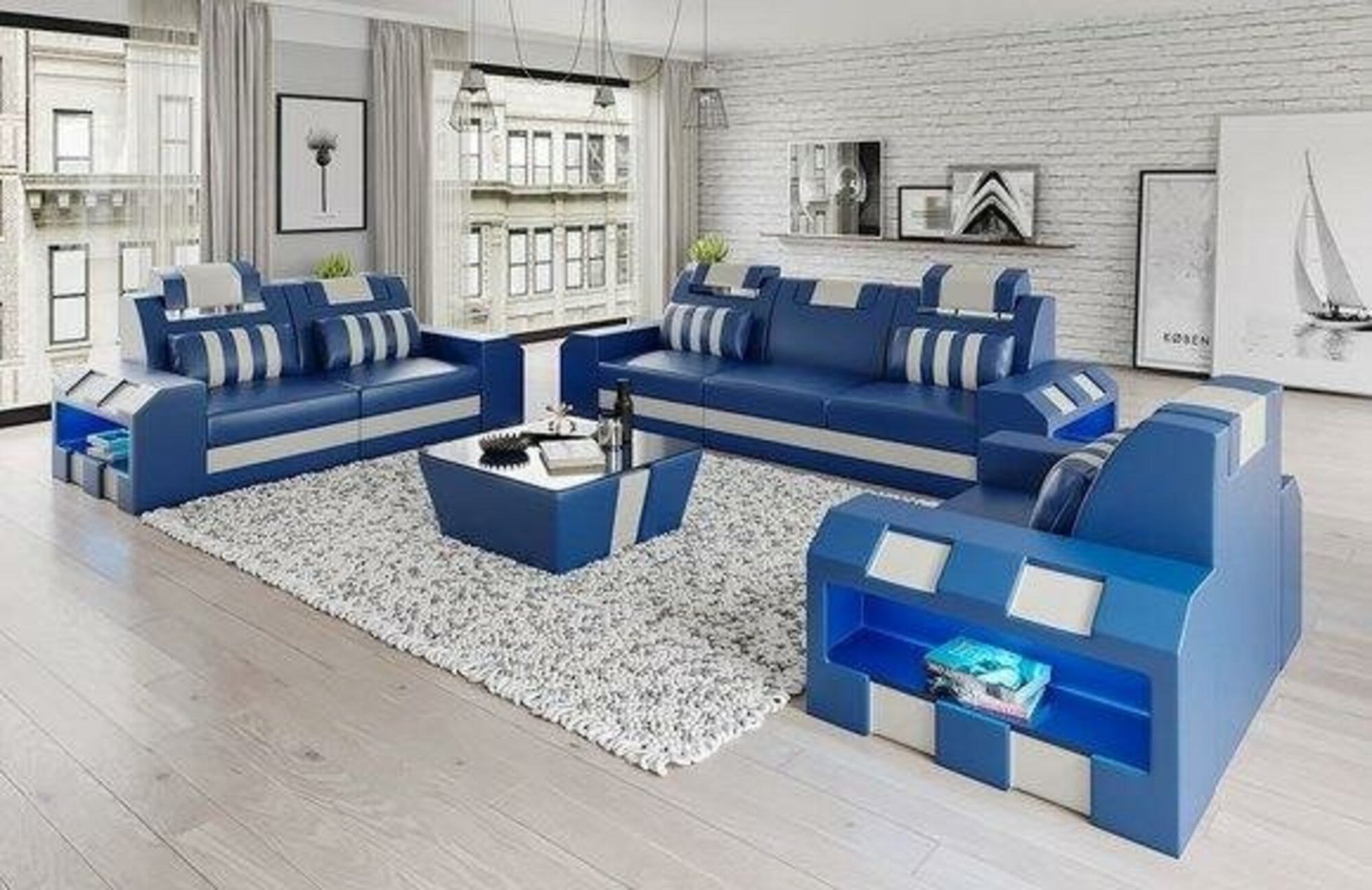 Sofagarnitur Sofa Couch Ledersofa Leder Textil 3+2+1 Polster Couch Sitz