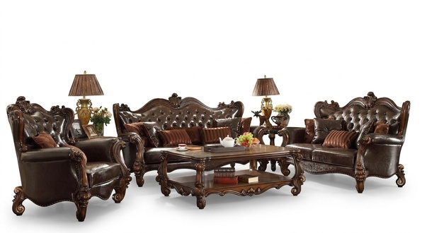 Polster Garnitur Gruppe Holz Geschnitzte Möbel Sofagarnitur 3+2 Sitz Sofa