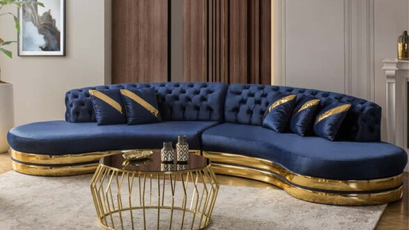 Blaues Halbrundes Chesterfield Sofa Designer Weißer Sessel 2tlg Set