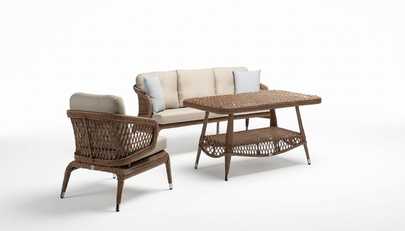 Robuste Garten Rattan Garnitur Couchtisch Gartenmöbel Braun Sessel Sofa 3 Sitzer