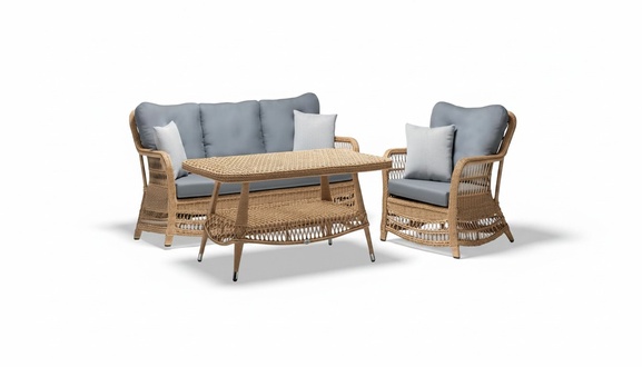 Robuste Garten Rattan Garnitur Couchtisch Gartenmöbel Grau Sessel Sofa 3 Sitzer