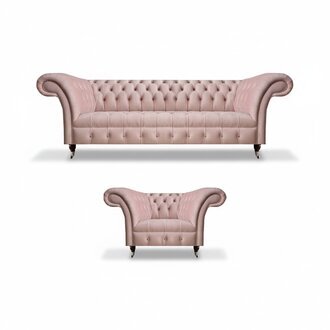 Rosa Chesterfield Wohnzimmer Garnitur 3-Sitzer Textil Lehnsessel 2tlg