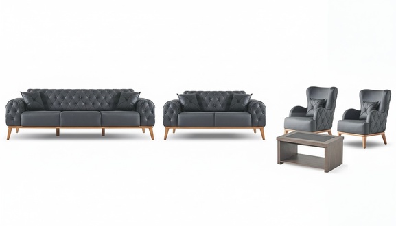 Schwarz-Braunes Arbeitszimmer Set Luxuriöser 3-Sitzer Sessel 2-Sitzer