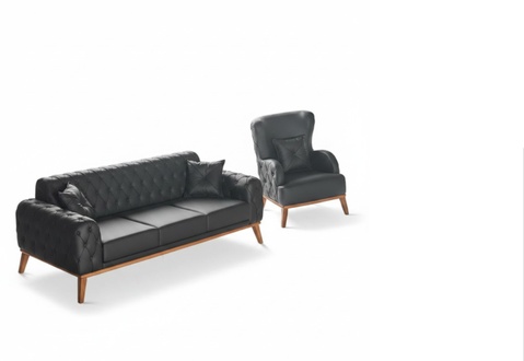 Schwarze Arbeitszimmer Sitzmöbel Designer Leder 3-Sitzer 1x Sessel 2tlg