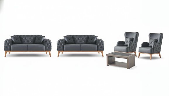 Schwarze Chesterfield Arbeitszimmer Garnitur Edle 2x 2-Sitzer Couchtisch