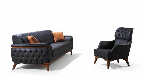 Schwarze Chesterfield Designer Garnitur Luxus Ledersofa Designer Sessel