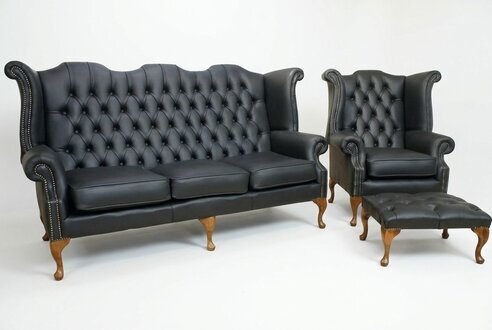 Schwarze Chesterfield Ledersofa Couch Polster Garnitur 3+1 Sitzer