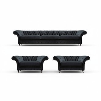 Schwarze Chesterfield Polstergarnitur Moderne Sitzmöbel Stoffsessel 3tlg