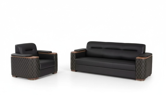 Schwarze Couchgarnitur Dreisitzer Sessel Arbeitszimmer Luxus 2tlg 3+1