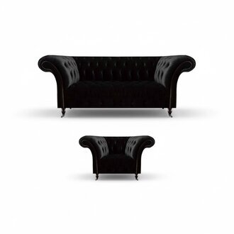 Schwarze Wohnzimmer Chesterfield Garnitur Designer Dreisitzer 2-Sitzer