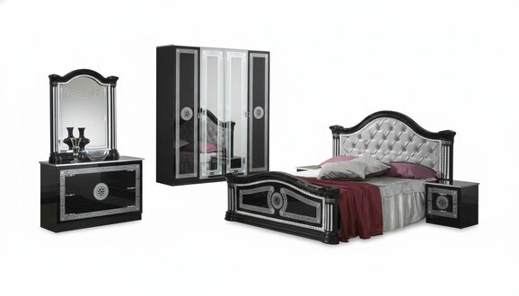 Schwarzes Schlafzimmer Komplett Set Kommode Stil Bett Garnitur 6tlg.