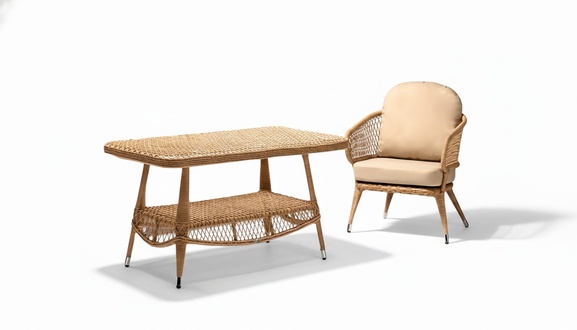 Sessel Couchtisch Garnitur Beige Terrasse Modern Sitzer Rattan stilvoll Set