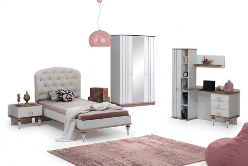 Set Bett Nachttisch Schreibtisch Kleiderschrank Modern Stil Weiß Kinderzimmer
