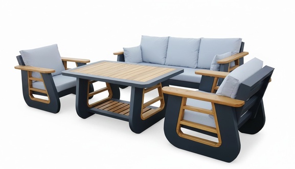 Sitzgruppe Gartenmöbel Lounge Set Сouch Sessel Couchtisch Schwarz Holz 4tlg Neu