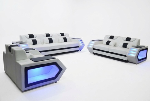 Sofa Couch Sitz Polster Komplett Gruppe Set Leder Garnitur 3+2+1 + LED + USB Neu