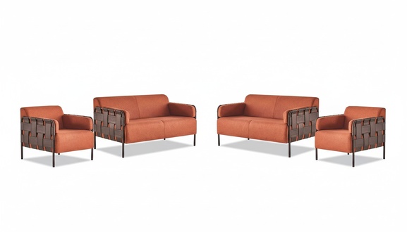 Sofa-Set 2-Sitzer 2x Sessel Orange Modern Textil Edelstahl Sofagarnituren