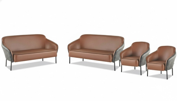 Sofa-Set Braun Schwarz Sofagarnitur 2-Sitzer Sessel Leder Edelstahl Holz