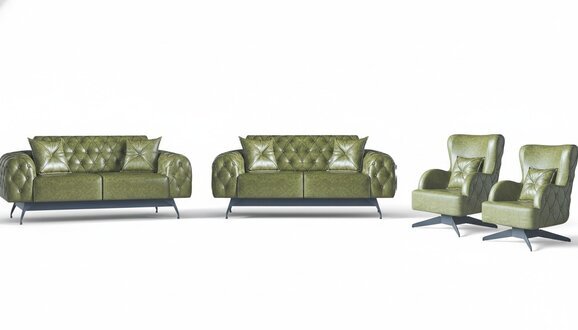 Sofa-Set Kissen Polster 2-Sitzer Leder Sessel Grün Sitzmöbel Chesterfield