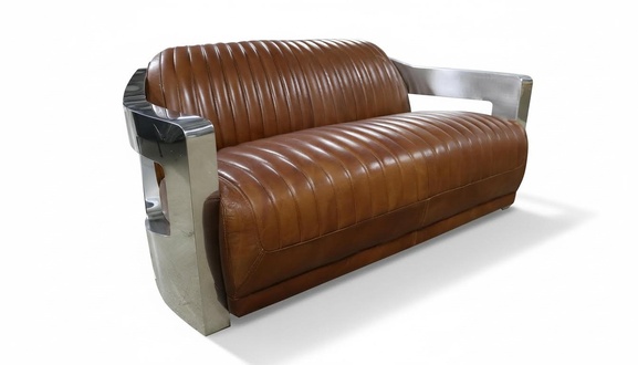 Sofa Vintage 2-Sitzer Ledersofa im Retro Stil Echtleder Aluminium Nieten Möbel