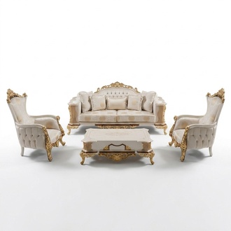 Sofagarnitur 3+1 Sitzer Sofa Set Komplett Textil Holz Wohnzimmer Luxus Sofa Neu